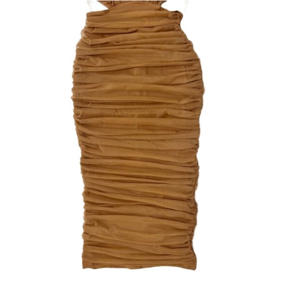 Akira Brown Ruched Mesh Midi Dress S Sleeveless Bodycon Formal Party - Picture 5 of 13